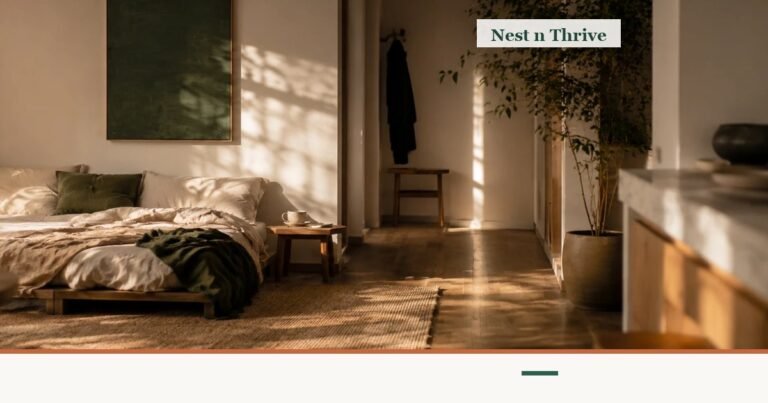 Warm, sunlit bedroom with linen bedding, framed as a quiet editorial background