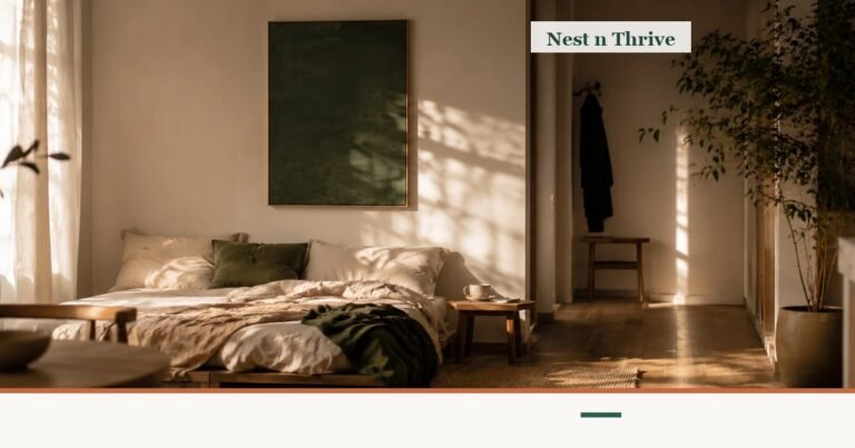 Warm, sunlit bedroom with linen bedding, framed as a quiet editorial background