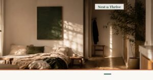Warm, sunlit bedroom with linen bedding, framed as a quiet editorial background