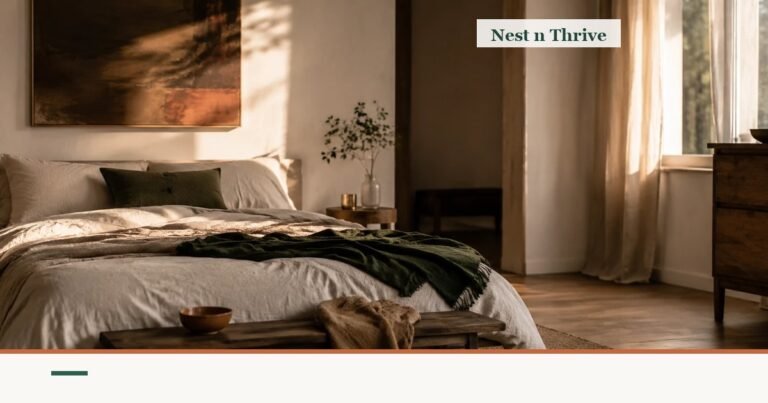 Softly lit bedroom corner with natural textures, quiet editorial framing