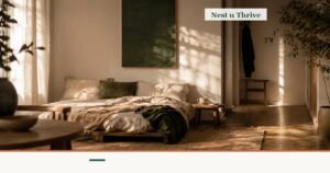Warm, sunlit bedroom with linen bedding, framed as a quiet editorial background